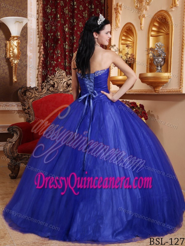 Blue Tulle and Taffeta Quinceanera Gown Dresses with Beading and Bow