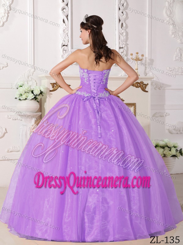 Purple Strapless Quinceanera Gown with Appliques in Taffeta and Organza