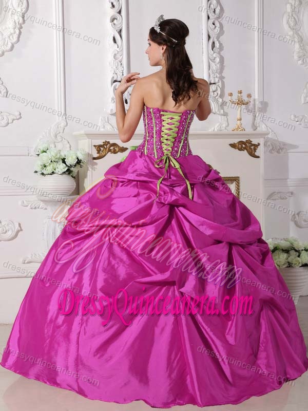 Fuchsia Strapless Taffeta Quinces Dresses with Beading and Handle Flowers