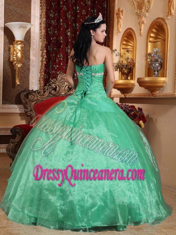 Beautiful Apple Green Strapless Organza Appliqued Dress for Quinceanera