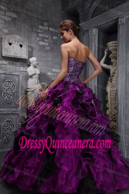 Fuchsia Sweetheart Ruffled and Beaded Quinces Dress in Zebra and Organza