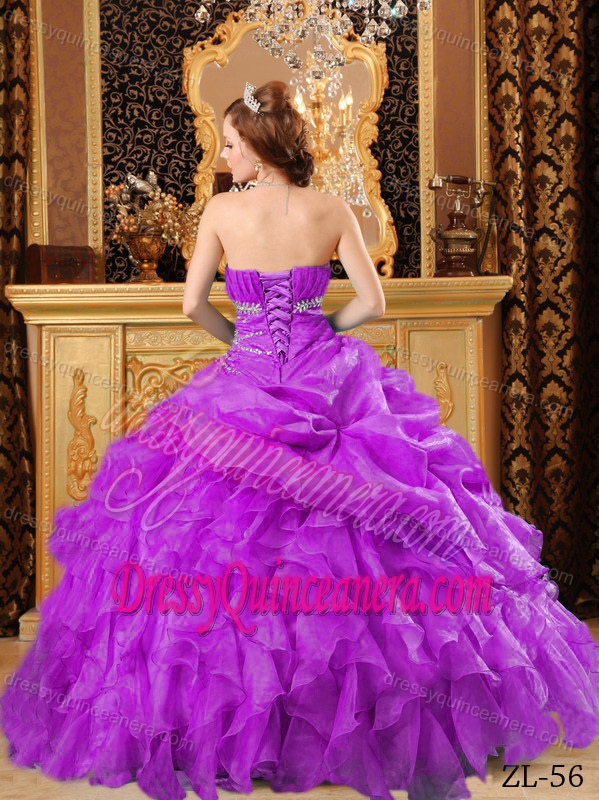Fuchsia Ruched and Beaded Organza Sweet Sweet 15 Dress for Summer