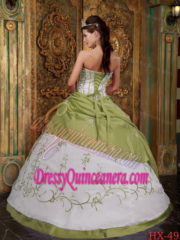 Olive Green and White Embroidered Satin Quinceanera Gown Dresses