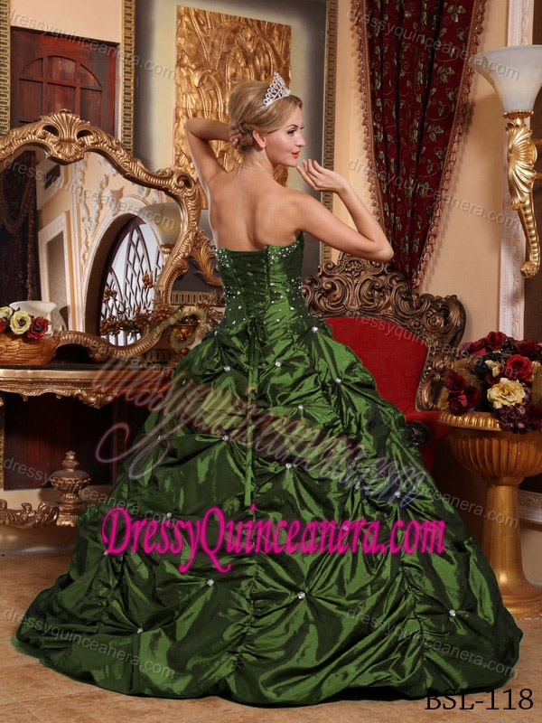 Olive Green A-line Beaded Taffeta Magnificent Quince Dresses for Fall