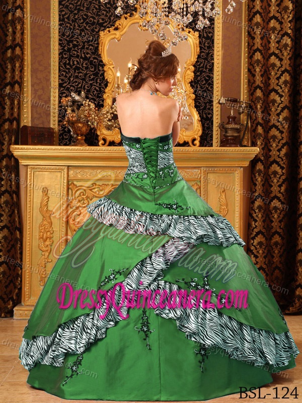 Green Zebra and Taffeta Embroidered Best Seller Dress for Quinceanera