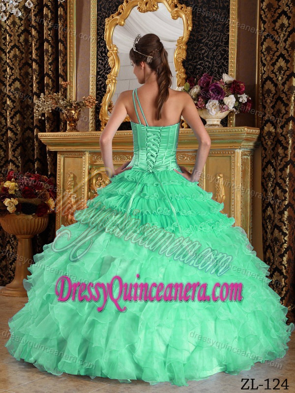 Apple Green One Shoulder Organza Impressive Sweet 16 Dress for Fall