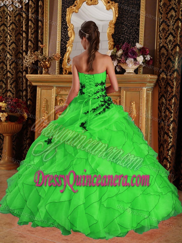 Sweetheart Green Organza Fabulous Sweet Sixteen Dress with Appliques