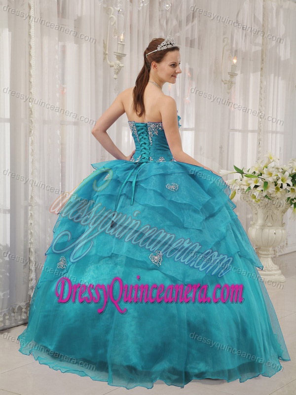 Sweet Beaded Lace-up Organza Long Quinceaneras Dress in Aqua Blue