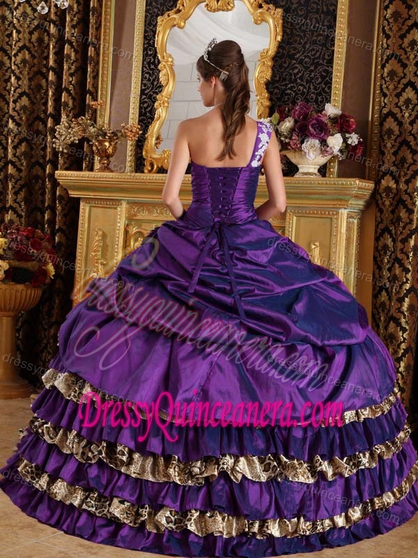 One Shoulder Dark Purple Leopard Romantic Quinceanera Dress for Fall