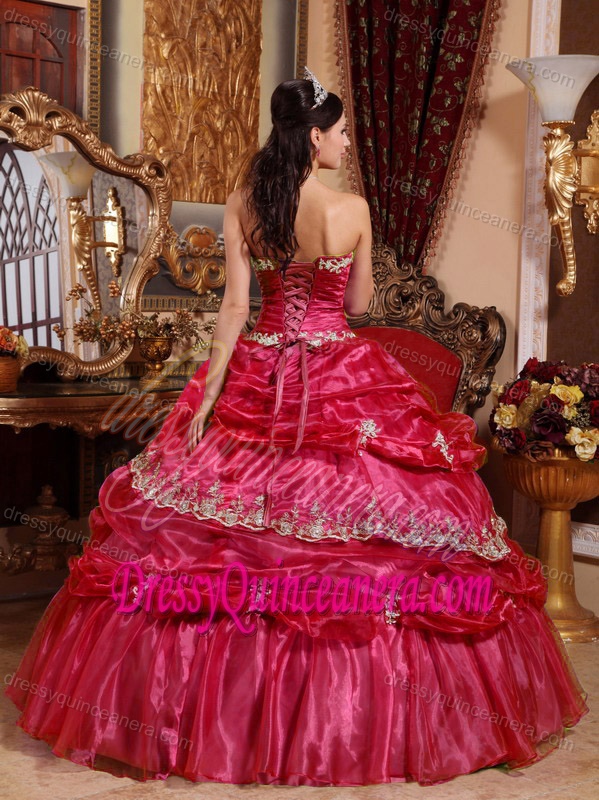 Hot Red Strapless Layered Organza Quinceanera Dress with Appliques and Pick-ups