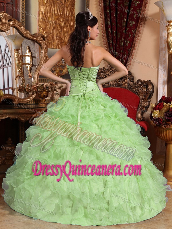 Light Green Sweetheart Organza Ruched Quinceanera Dress with Beading and Ruffles
