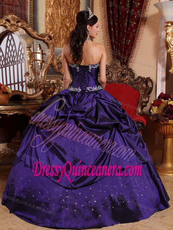 Best Dark Purple Strapless Taffeta Quinceanera Dresses with Pick-ups and Appliques