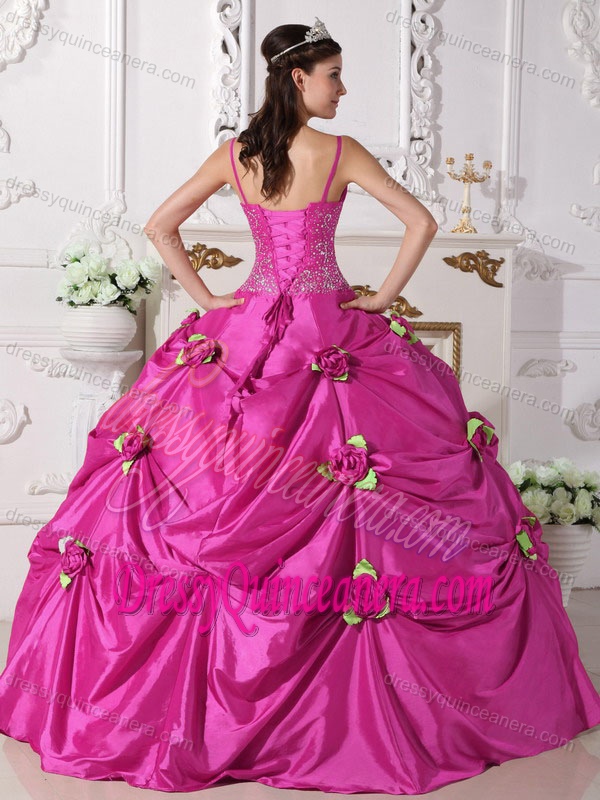 Spaghetti Straps Hot Pink Taffeta Dress for Quinceanera with Pick-ups and Flowers