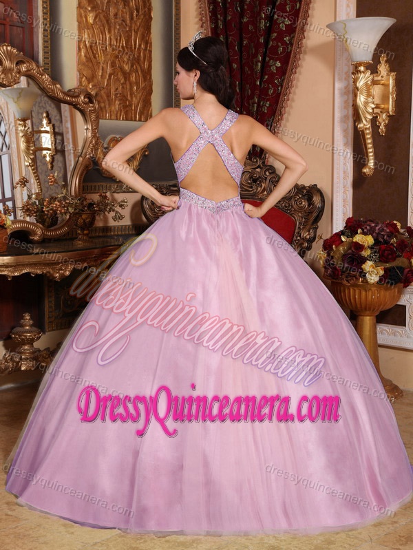 Straps V-neck Rose Pink Floor-length Quinceanera Dresses with Beading for Cheap