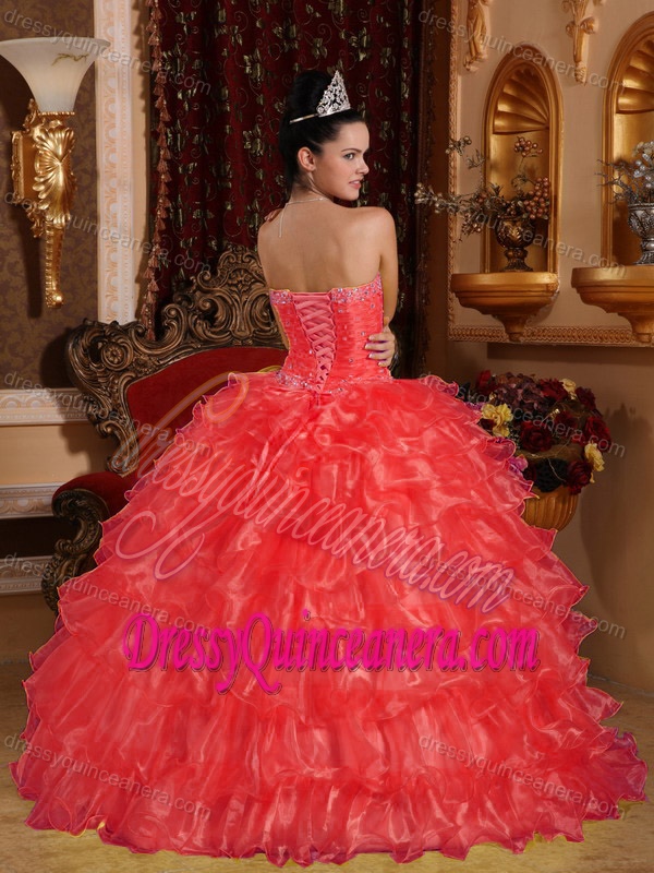Coral Red Strapless Ball Gown Organza Quinceanera Dress with Ruffles and Beading