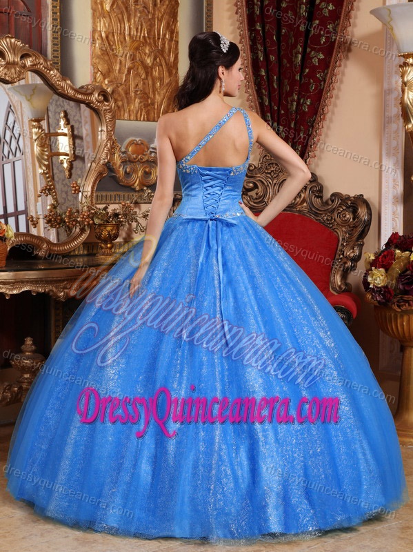 Wonderful One-shoulder Blue Ball Gown Quinceanera Dress with Beading in Fashion