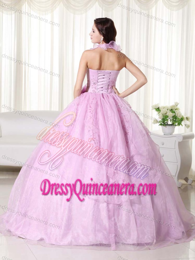 Flounced Halter Rose Pink Ball Gown Quinceanera Dresses with Beading and Flower