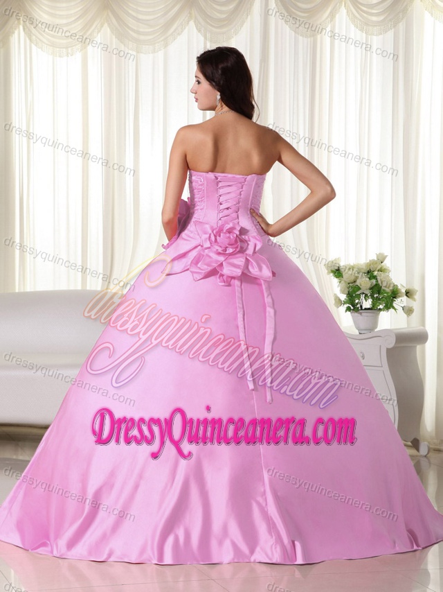 Baby Pink Strapless Ball Gown Quinceanera Dress with Beading and Flowers on Sale
