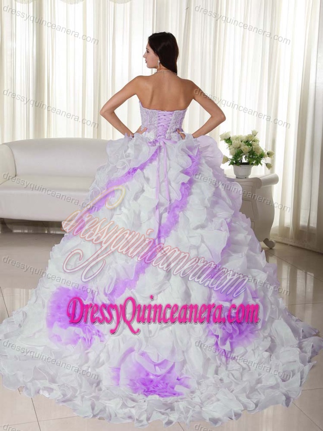 Sweetheart White and Lavender Appliqued Quinceanera Dresses with Rolling Flowers