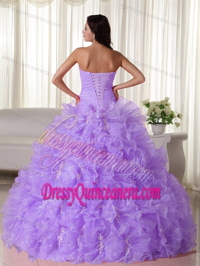 Ruched Strapless Lavender Organza Quinceanera Dresses with Appliques and Ruffles
