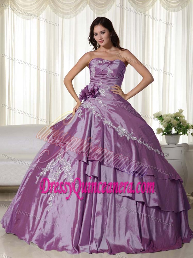 Ruched Purple Strapless Taffeta Appliqued Quinceanera Dress with Flower and Jacket