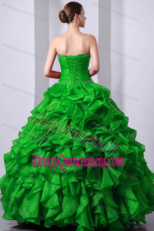 Nice Green Sweetheart Ruched Organza Quinceanera Dress with Beading and Ruffles