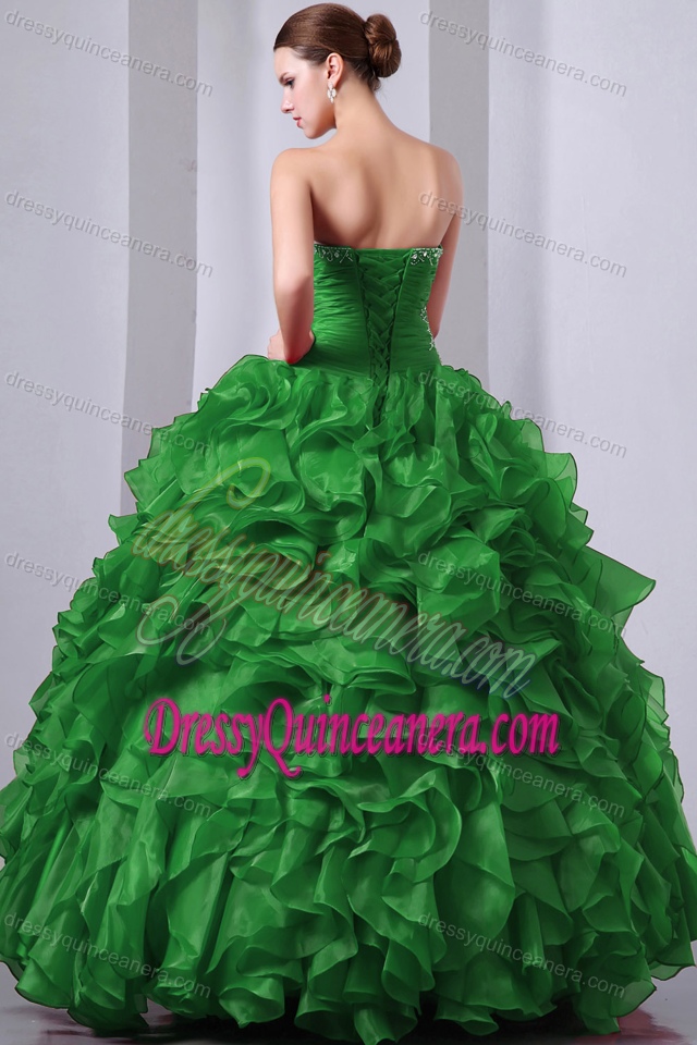 Dark Green Sweetheart Ruched Beaded Organza Quinceanera Gown Dress with Ruffles