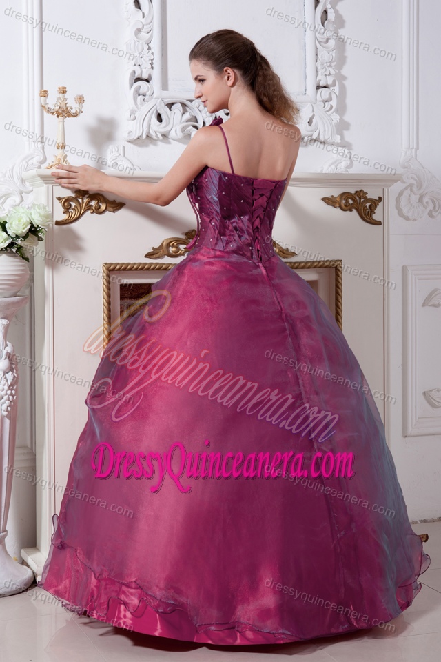Wine Red One-shoulder Organza Princess Beaded Quinceanera Dresses with Flowers
