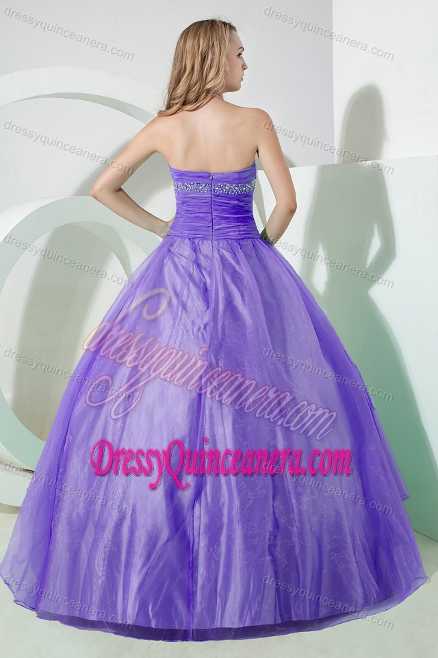 Ruched Strapless Lavender Organza Quinceanera Dress with Appliques and Beading
