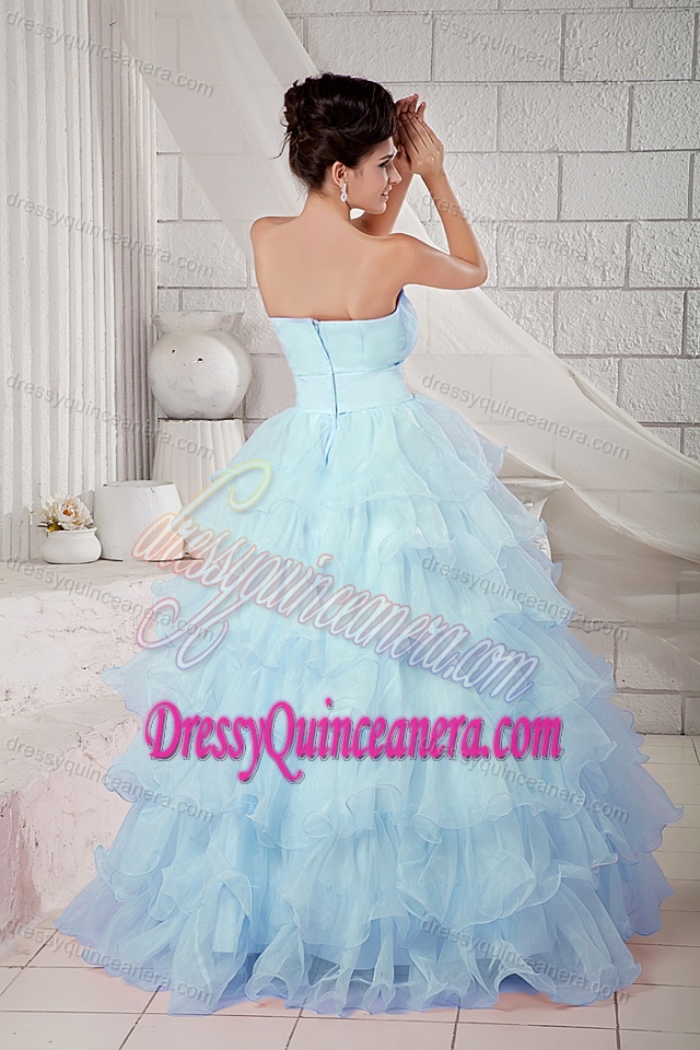 Ruched Beaded Sweetheart Baby Blue Organza Dress for Quince with Layered Ruffles