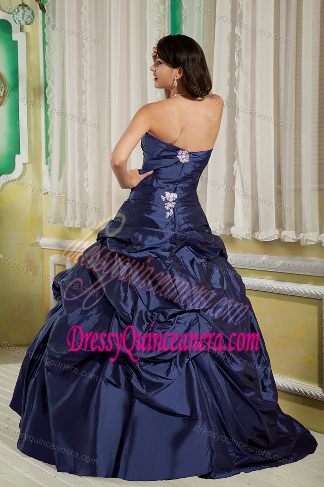 Navy Blue Strapless Taffeta Dress for Quince with Appliques and Pick-ups for Cheap