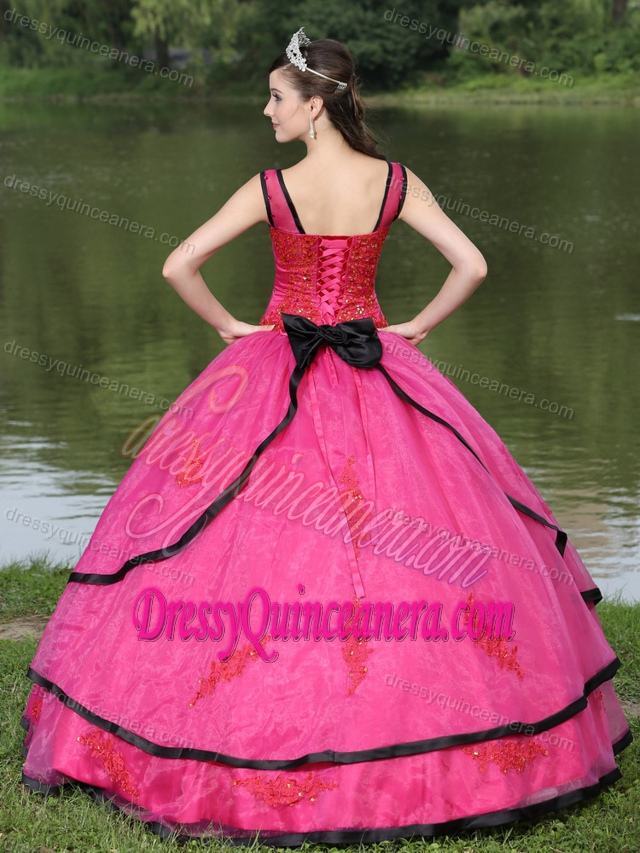 Newest Hot Pink Long Sleeves Ball Gown Organza Quinceanera Dress with Appliques