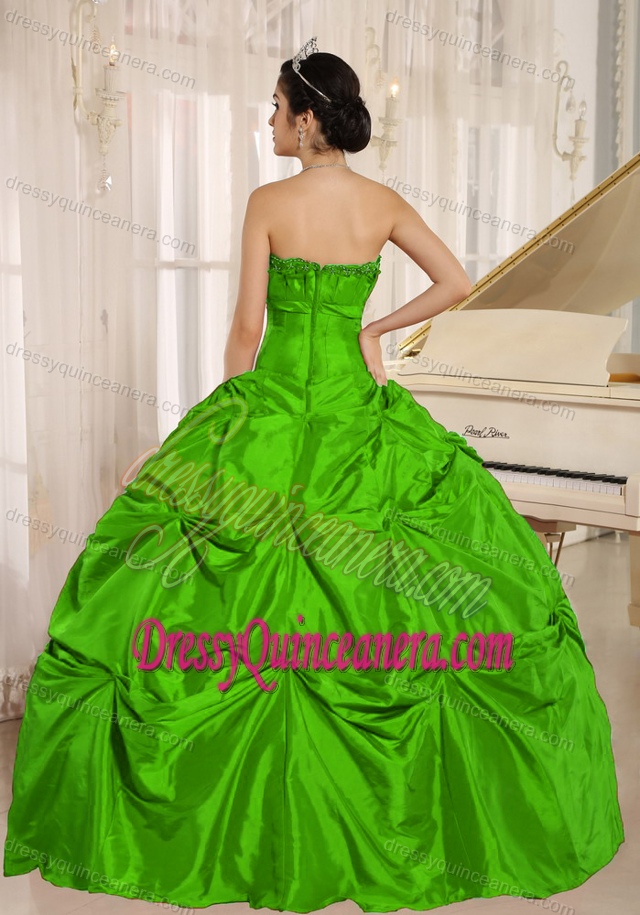 Dashing Bright Green Beaded Strapless Taffeta Dress for Quinceanera with Pick-ups