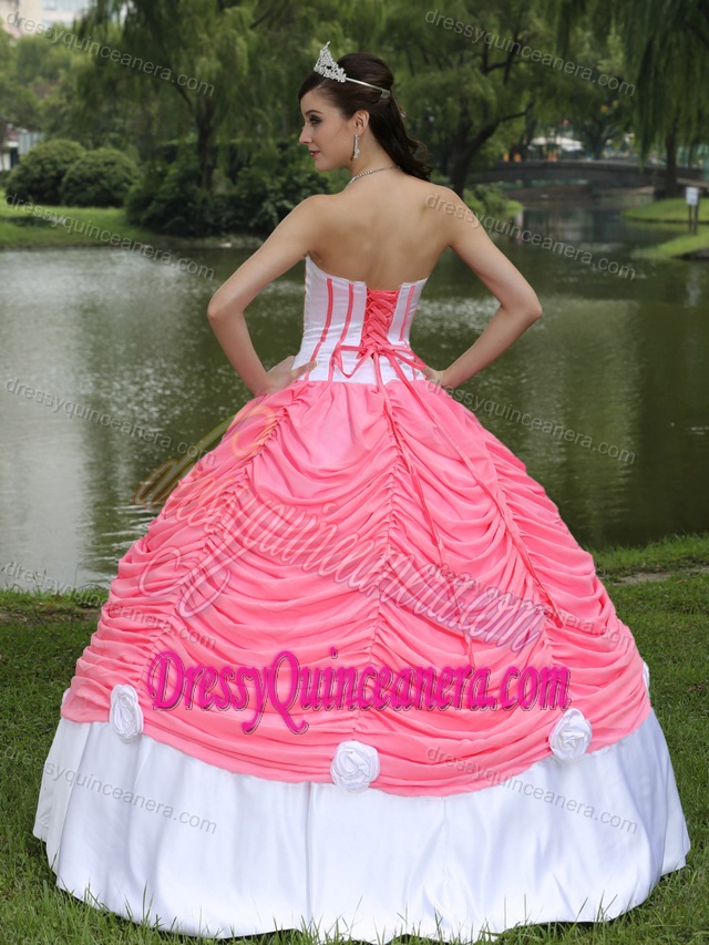 Strapless Watermelon and White Taffeta Drapped Quinceanera Dress with Appliques