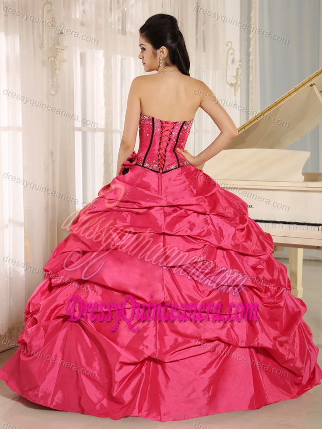 Beaded Sweetheart Hot Pink Taffeta Quinceanera Dresses with Pick-ups and Flowers