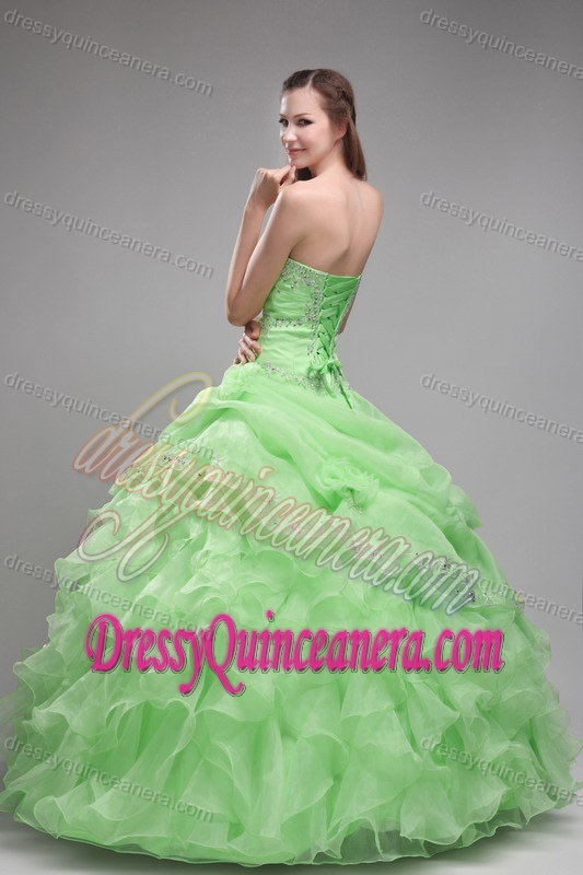 Light Green Strapless Ball Gown Organza Quinceanera Dress with Beading and Ruffles