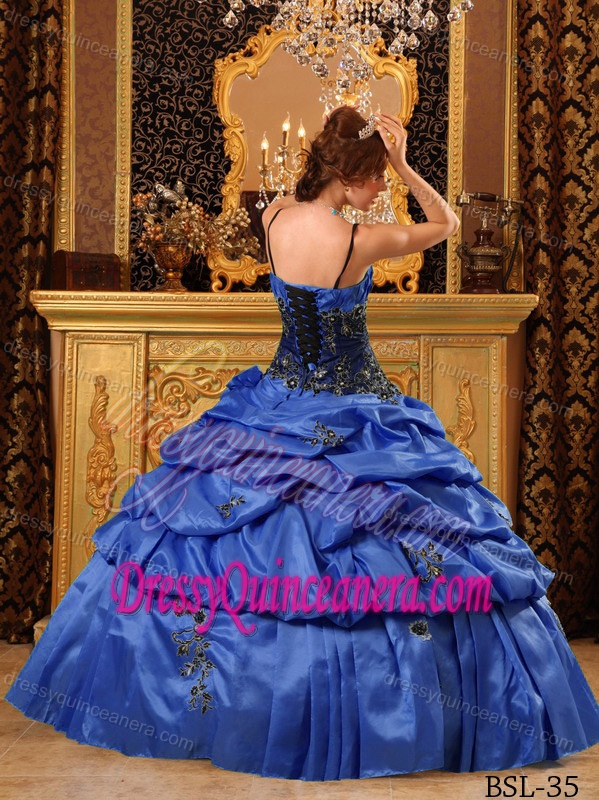 Appliqued Royal Blue Taffeta Quinceanera Dresses with Spaghetti Straps