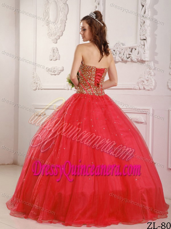 Princess Sweetheart Satin and Organza Beaded Quince Dress in Coral Red