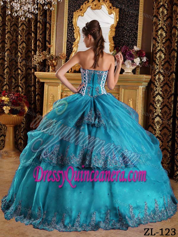 Teal Ball Gown Sweetheart Appliques Dress for Quinceanera in Organza