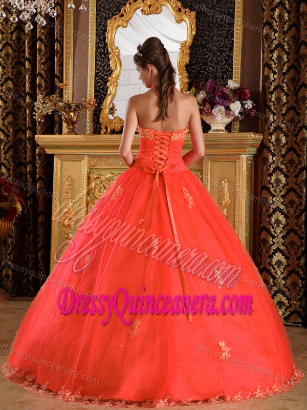 Floor-length Appliqued Tulle Rust Red Dress for Quinceanera with Halter