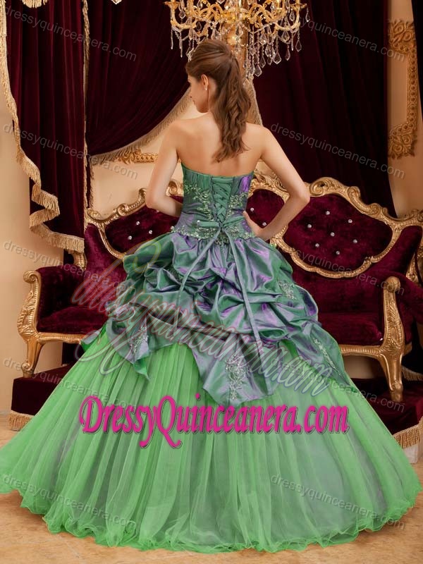 Spring Green Strapless Beaded Dress for Quinceanera in Taffeta and Tulle