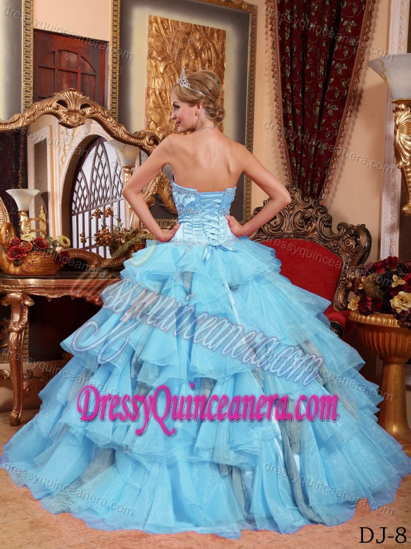Ball Gown Sweetheart Organza Beaded Quinceanera Gowns in Aqua Blue