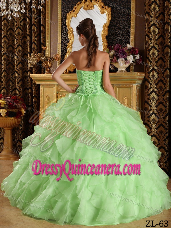 Strapless Satin Organza Embroidery Beaded Quince Dresses in Apple Green