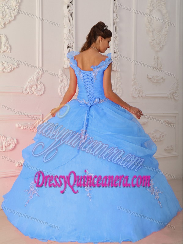 V-neck Taffeta and Organza Beaded Blue Sweet 16 Dresses with Appliques