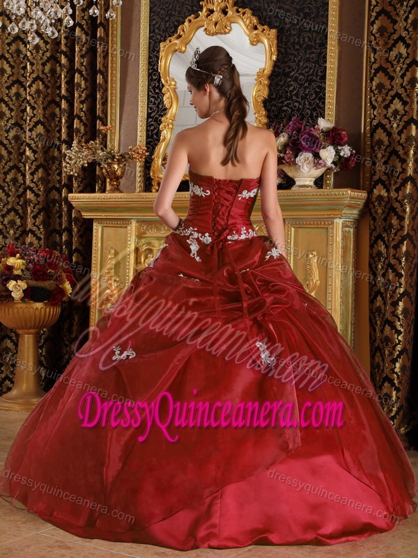 Wine Red Strapless Appliqued Sweet Sixteen Dresses in Organza and Satin