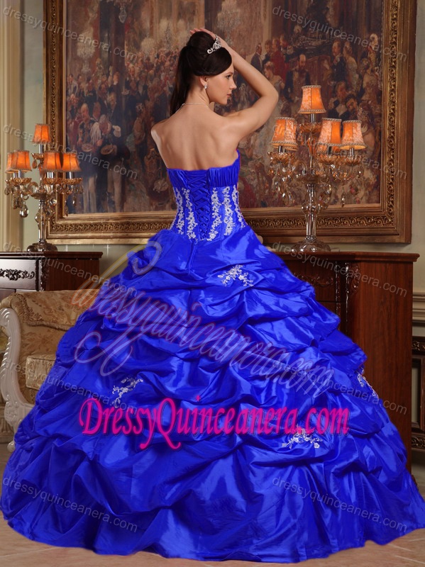 Royal Blue Strapless Pick-ups Appliques Sweet Sixteen Dresses in Taffeta