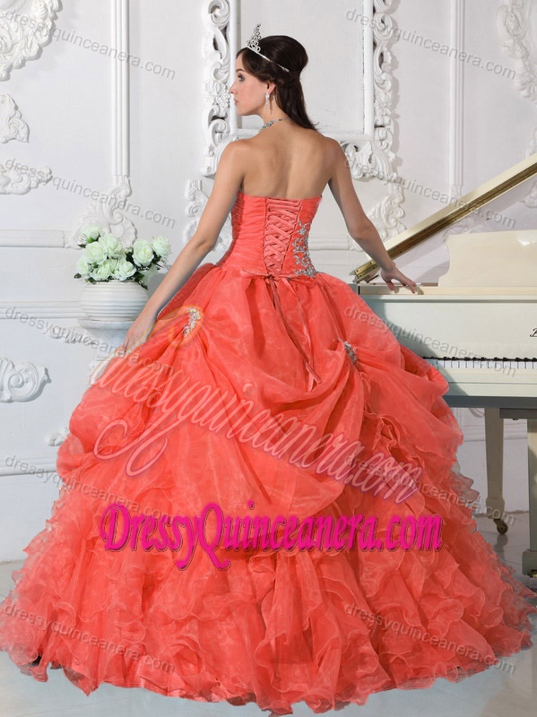 Pick ups Organza Beaded Strapless Dress for Quinceanera in Orange Red