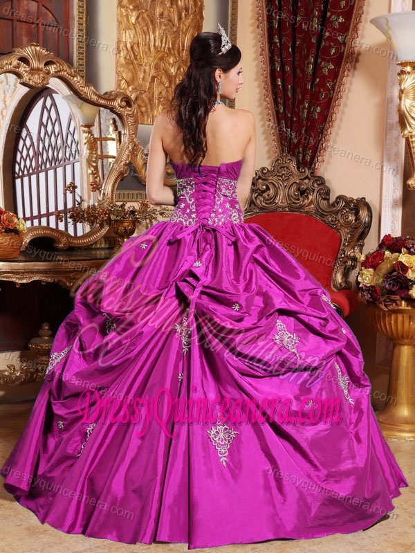 Strapless Taffeta Hot Pink Ball Gown Sweet Sixteen Dresses with Appliques