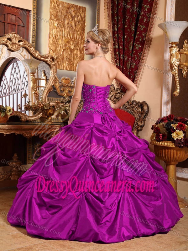 Pick ups Strapless Floor-length Taffeta Beaded for Quince Dresses in Purple