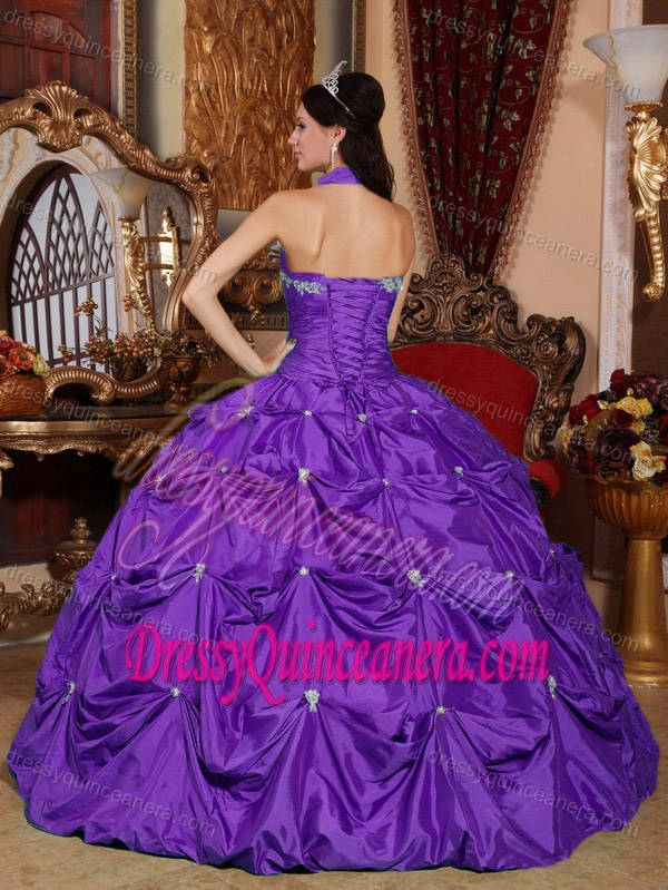 Eggplant Purple Taffeta Appliqued Sweet Sixteen Dresses with Halter Top